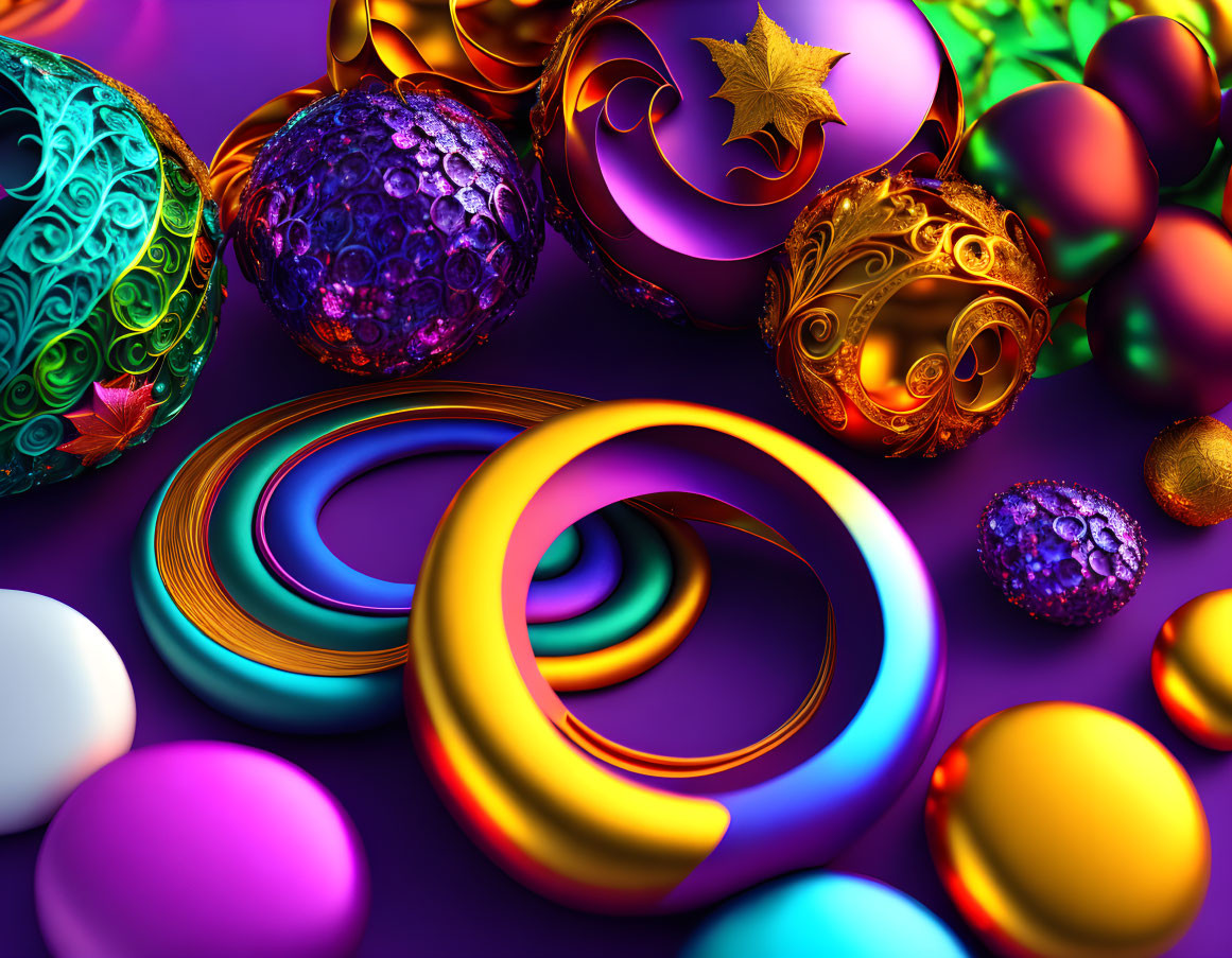 Vibrant Purple Background with Colorful 3D Spheres and Swirls