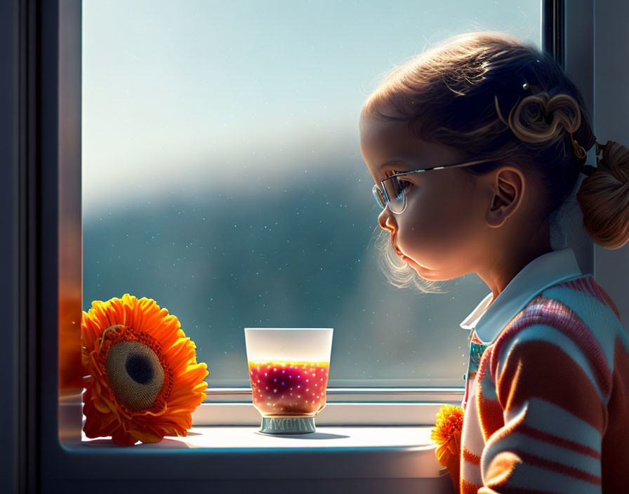 Young girl with glasses by window with sunflower and candle in twilight