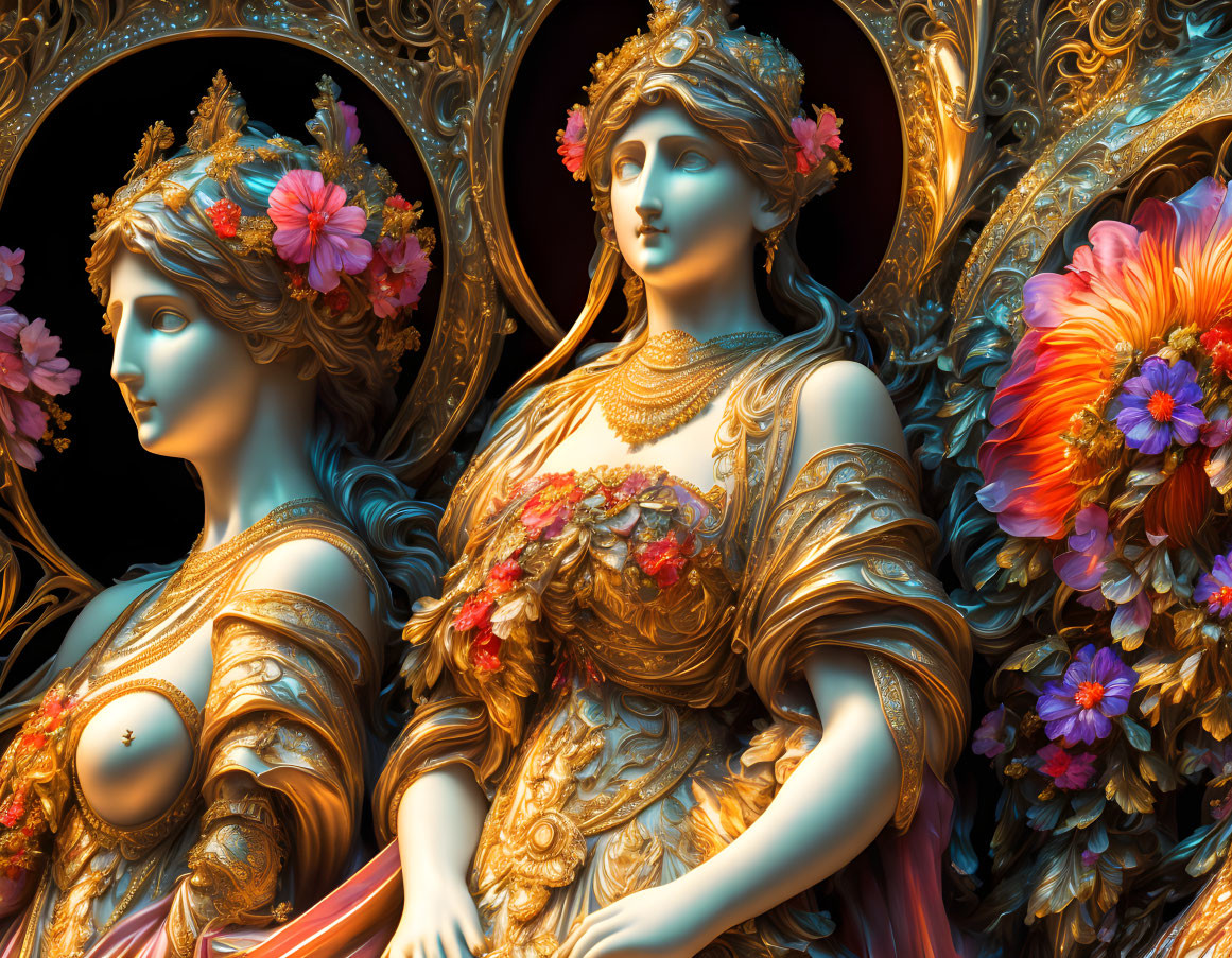 Golden statues of women with floral adornments against dark floral backdrop