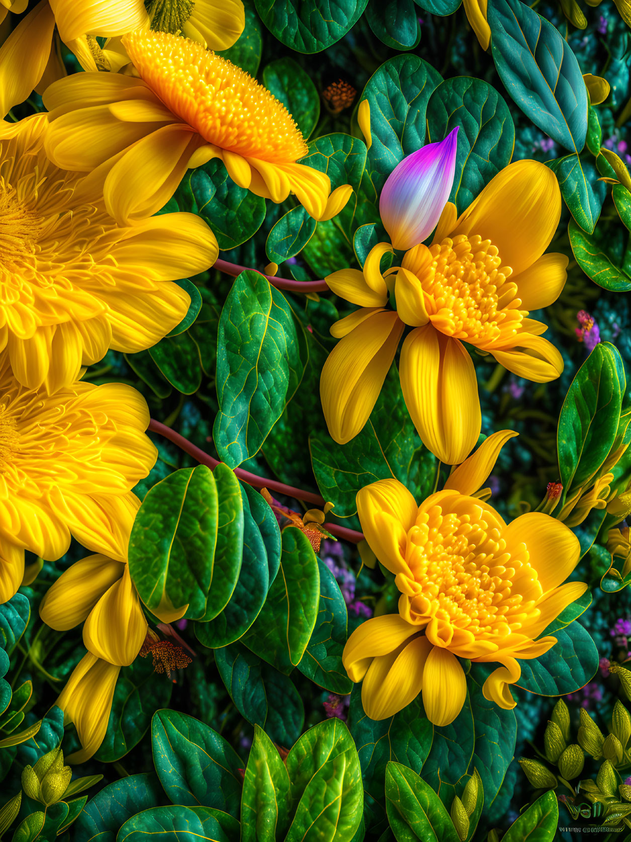 Bright Yellow Flowers with Large Petals and Purple Bud in Green Surroundings