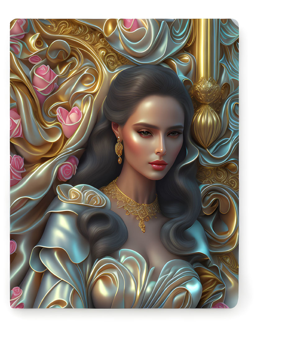 Digital artwork: Elegant woman with golden swirls and pink roses, evoking regal fantasy.