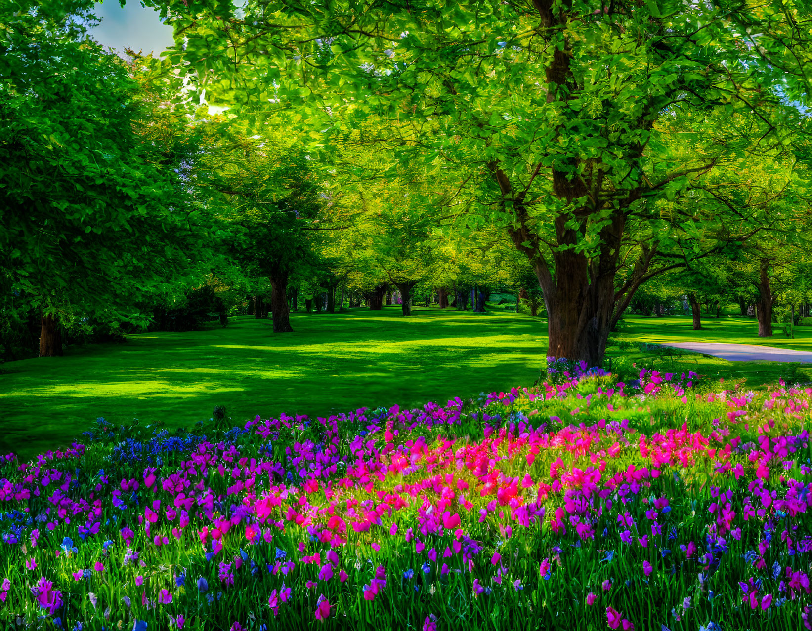 Blooming purple and pink tulips under green trees in a sunny park
