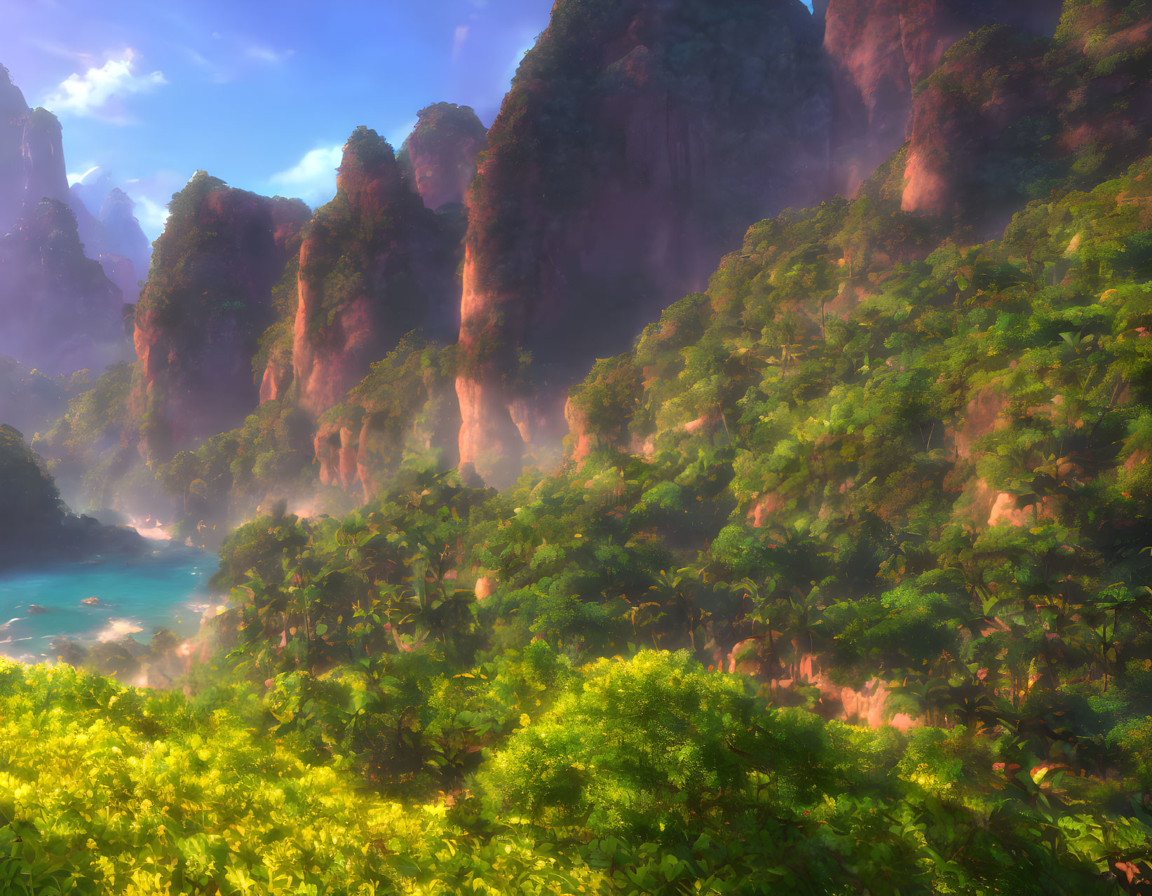 Cliffside covered in lush greenery at sunrise over turquoise sea