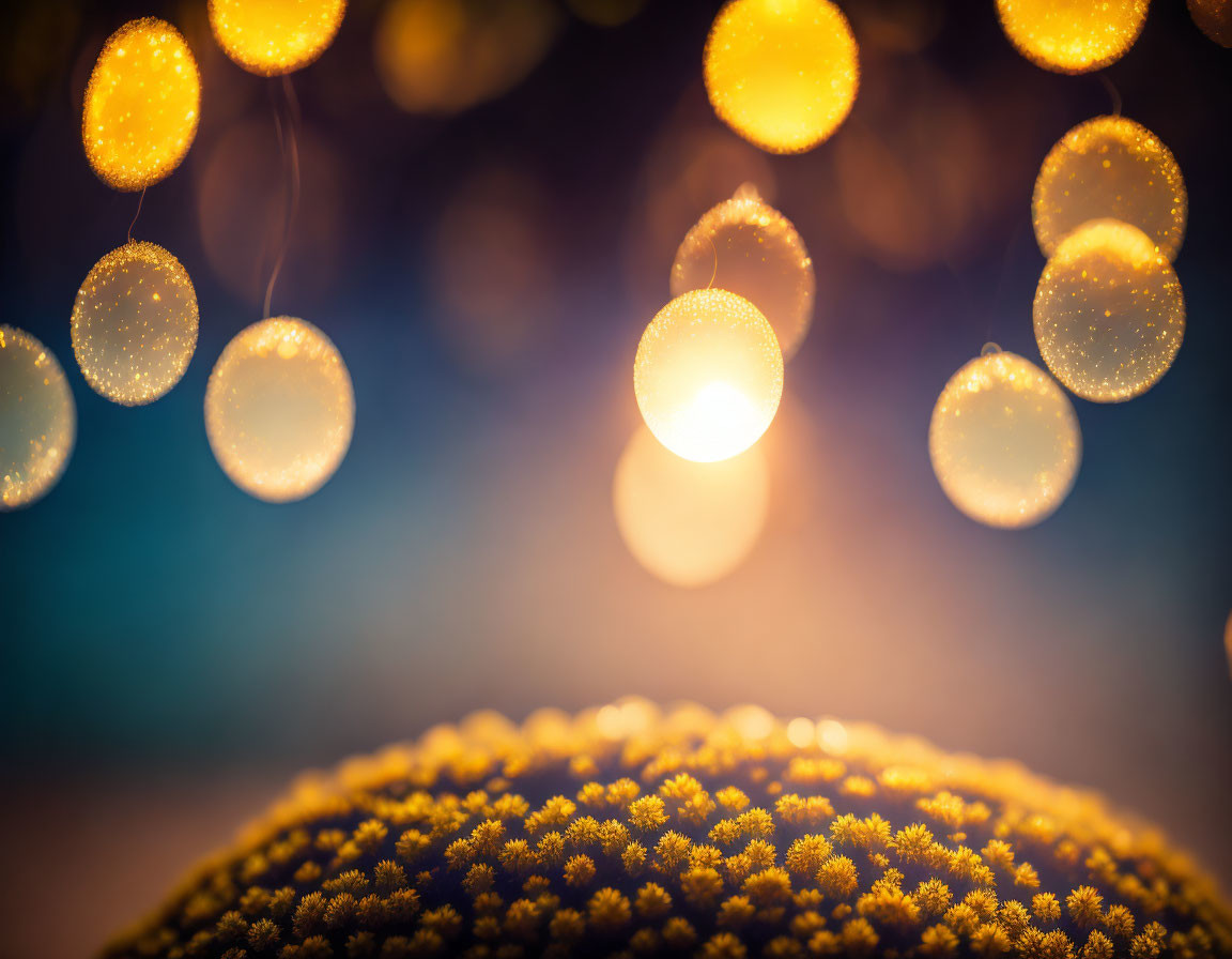 Yellow flowers surrounded by warm bokeh lights on blurred background