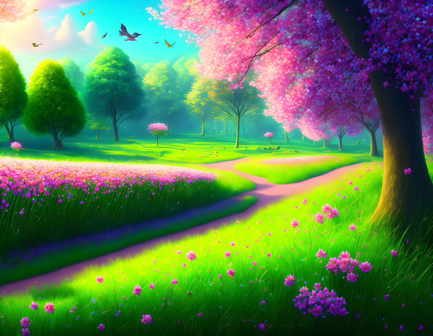 Vibrant spring landscape: cherry trees, winding path, green grass, flowers, birds.