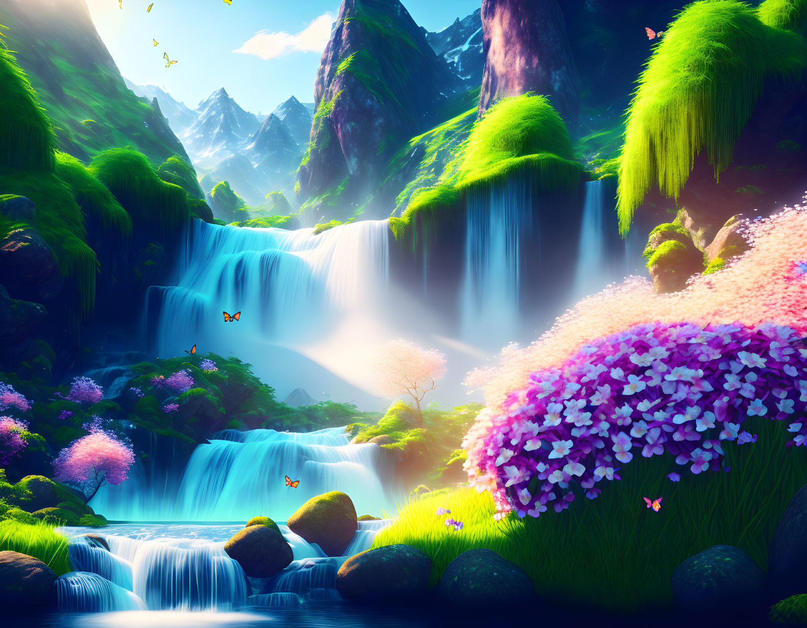 Fantasy landscape with waterfalls, greenery, flowers, butterflies, and mountains