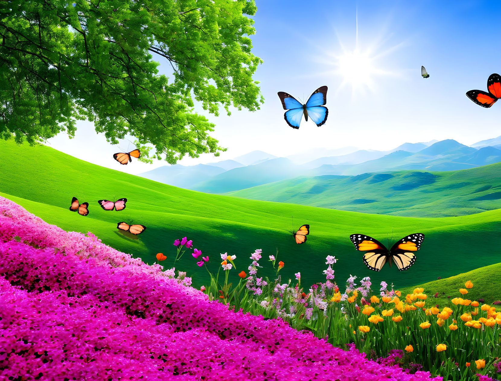 Lush Green Hills and Colorful Flowers in Vibrant Spring Landscape