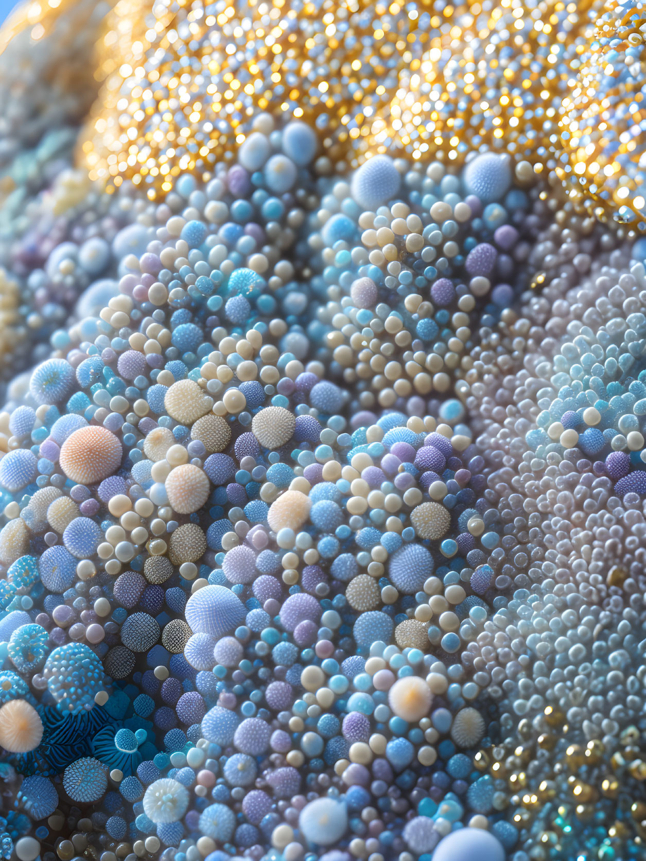 Clustered Blue and Gold Spherical Shapes with Textured Patterns