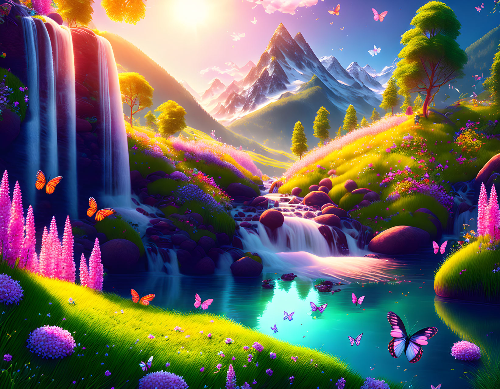 Colorful Fantasy Landscape with Waterfalls, River, Flora, Butterflies & Mountain Scenery at