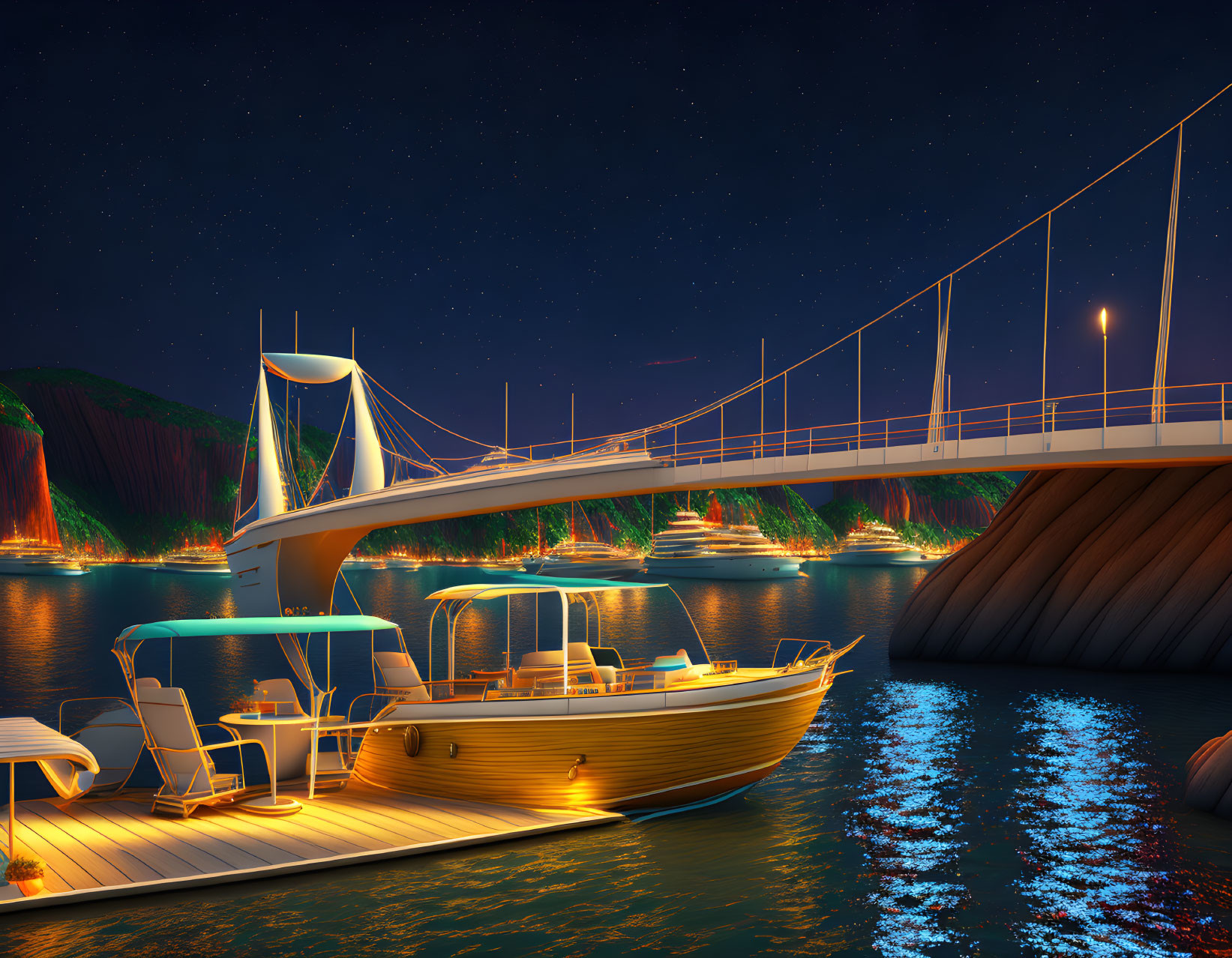 Luxurious wooden yacht near suspension bridge with glowing lights reflected on water at night