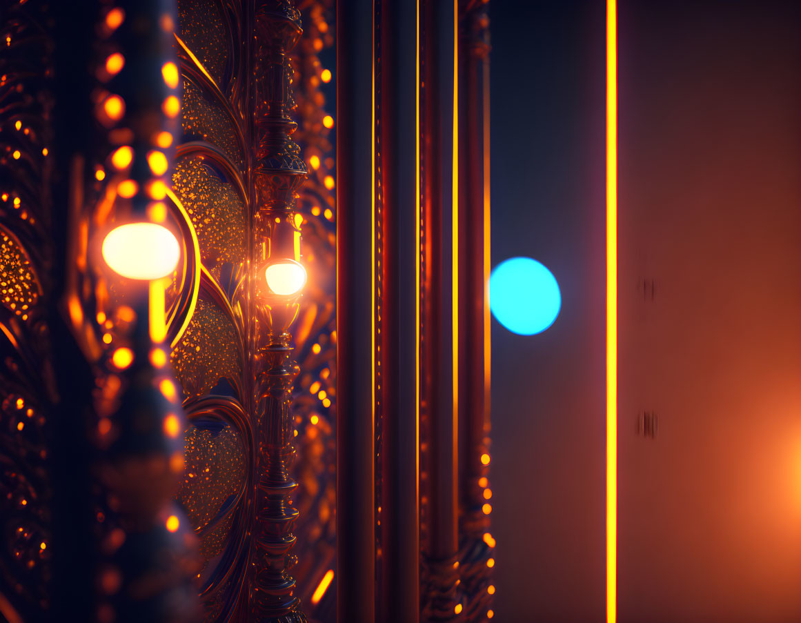 Ornate patterned hallway with warm and blue lighting and neon orange line