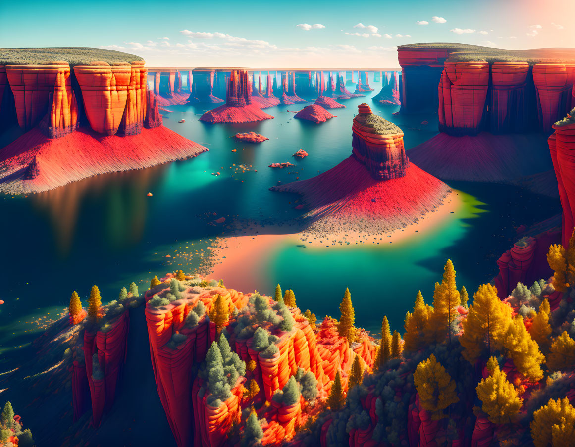 Tranquil fantasy landscape with red rock formations, blue waters, and lush trees