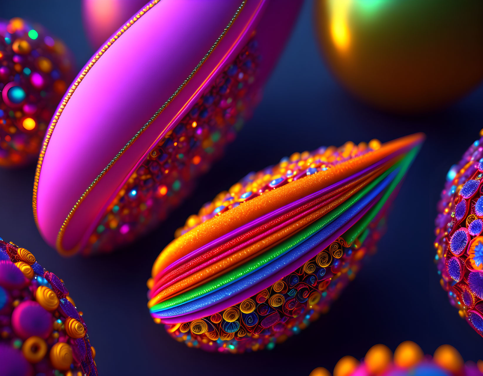 Colorful 3D-rendered ornate objects with glossy finish on dark backdrop