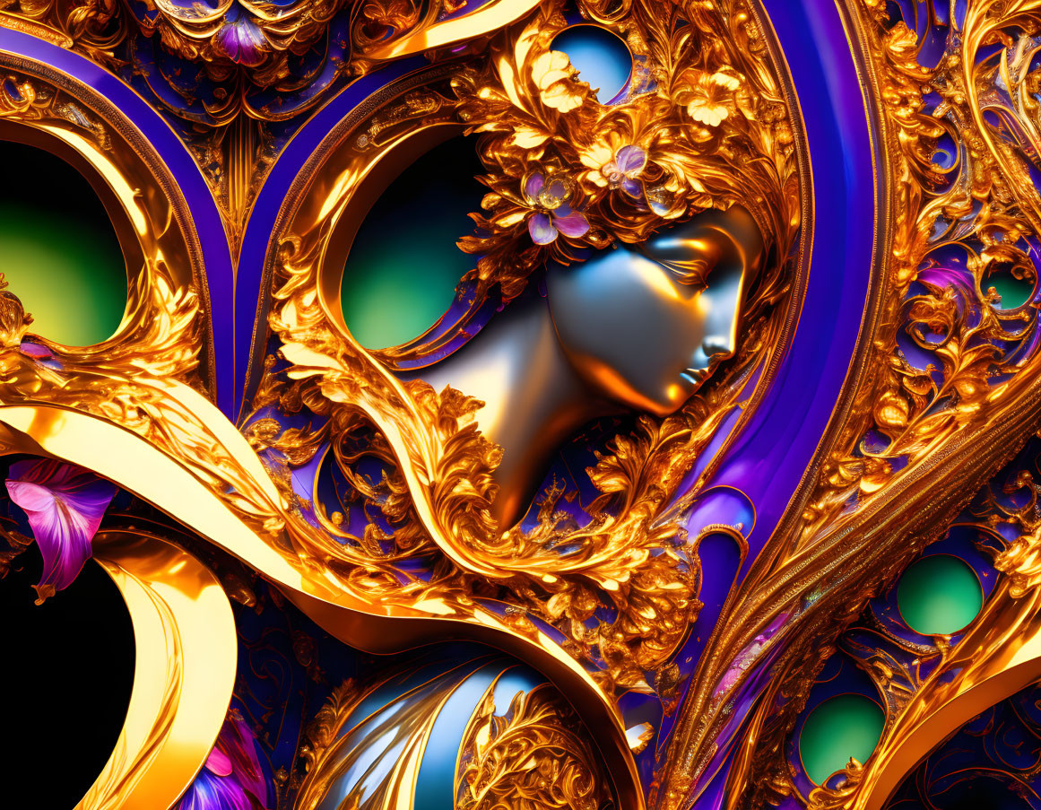 Digital Artwork: Ornate Golden Mask in Baroque Frame