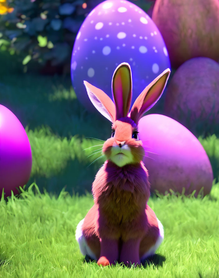 Brown anthropomorphic rabbit with long ears among colorful Easter eggs