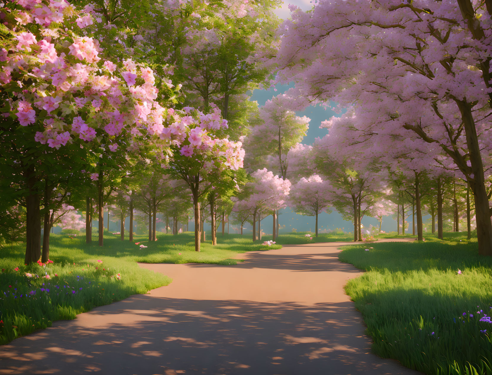 Tranquil park path with blooming cherry blossom trees and wildflowers