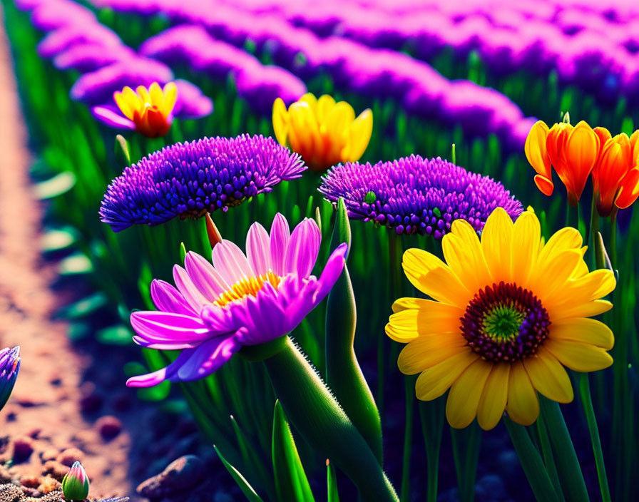 Colorful Purple and Yellow Flowers in Sunlight with Soft-focus Background