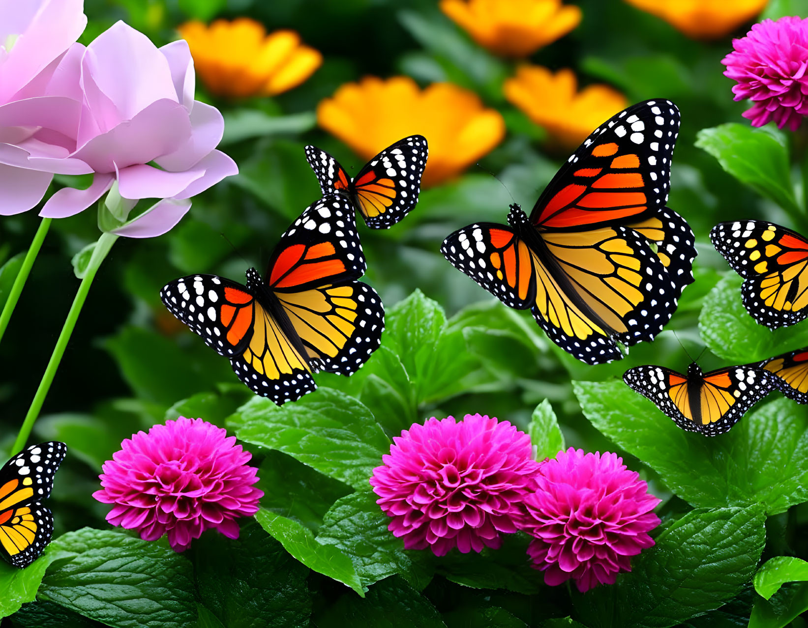 Colorful Monarch Butterflies on Vibrant Flowers and Green Leaves