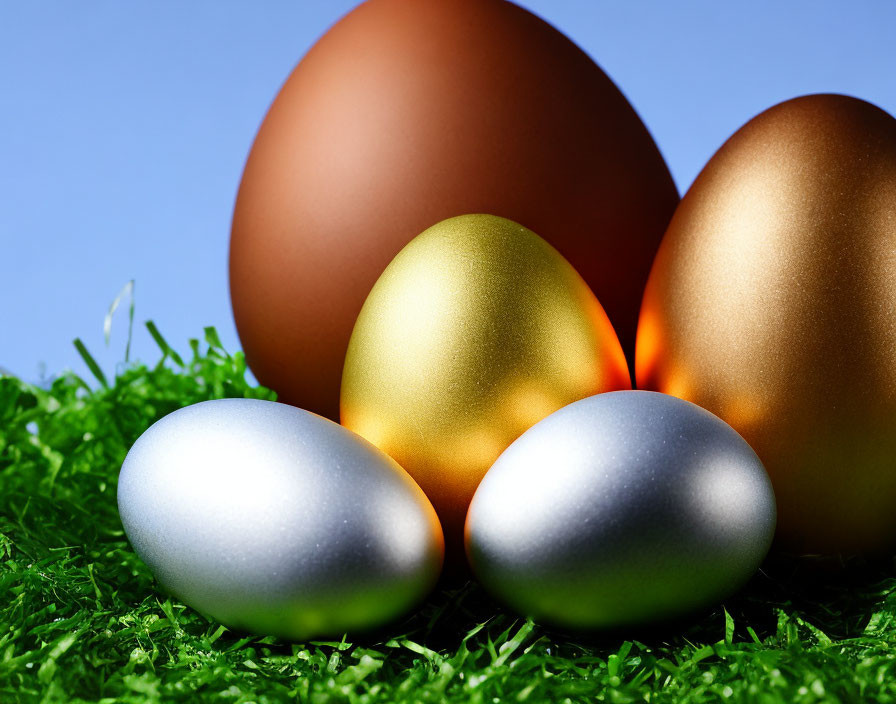 Colorful Large and Small Eggs on Green Grass Against Blue Background