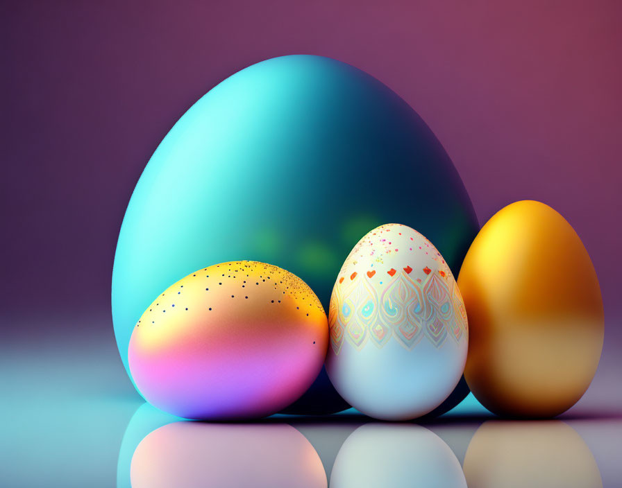 Colorful Easter Eggs on Purple Background: Small, medium, and large eggs with intricate patterns.