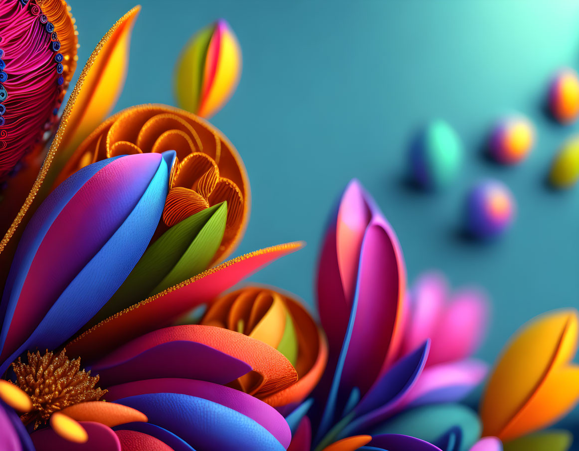 Colorful Stylized Flowers in 3D Art on Teal Background