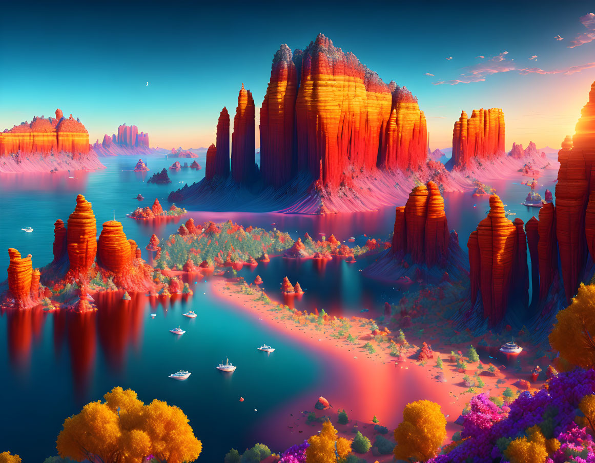 Colorful digital artwork: Fantastical landscape with red rock formations, blue lake, boats, and