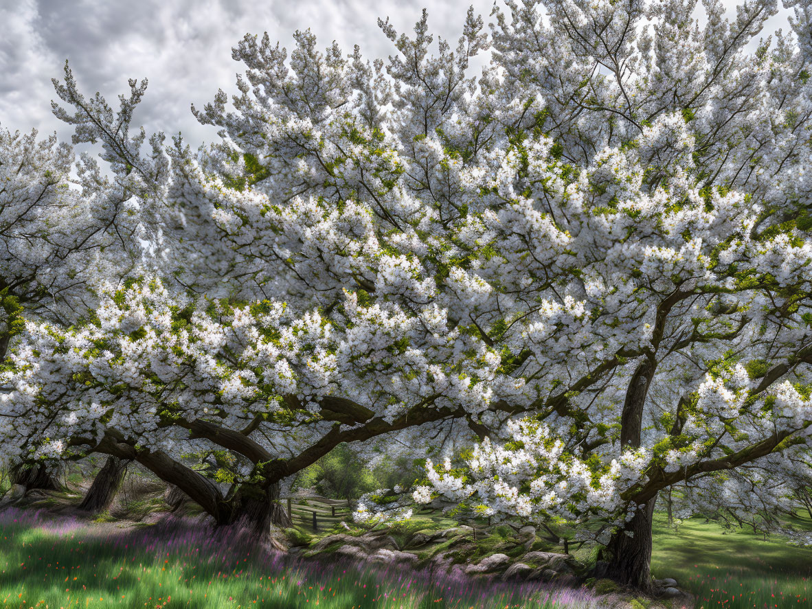 White Cherry Trees in Blossom with Wooden Fence and Cloudy Sky