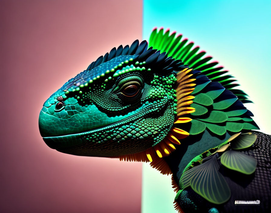 Vibrant digital lizard illustration on split pink and turquoise background