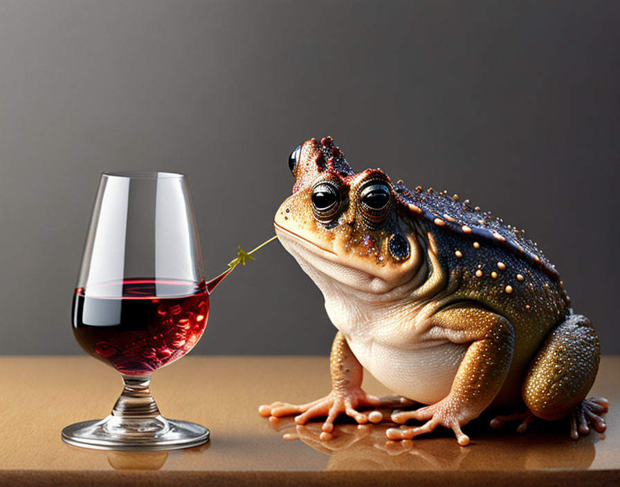 Oversized toad next to wine glass in comical pose