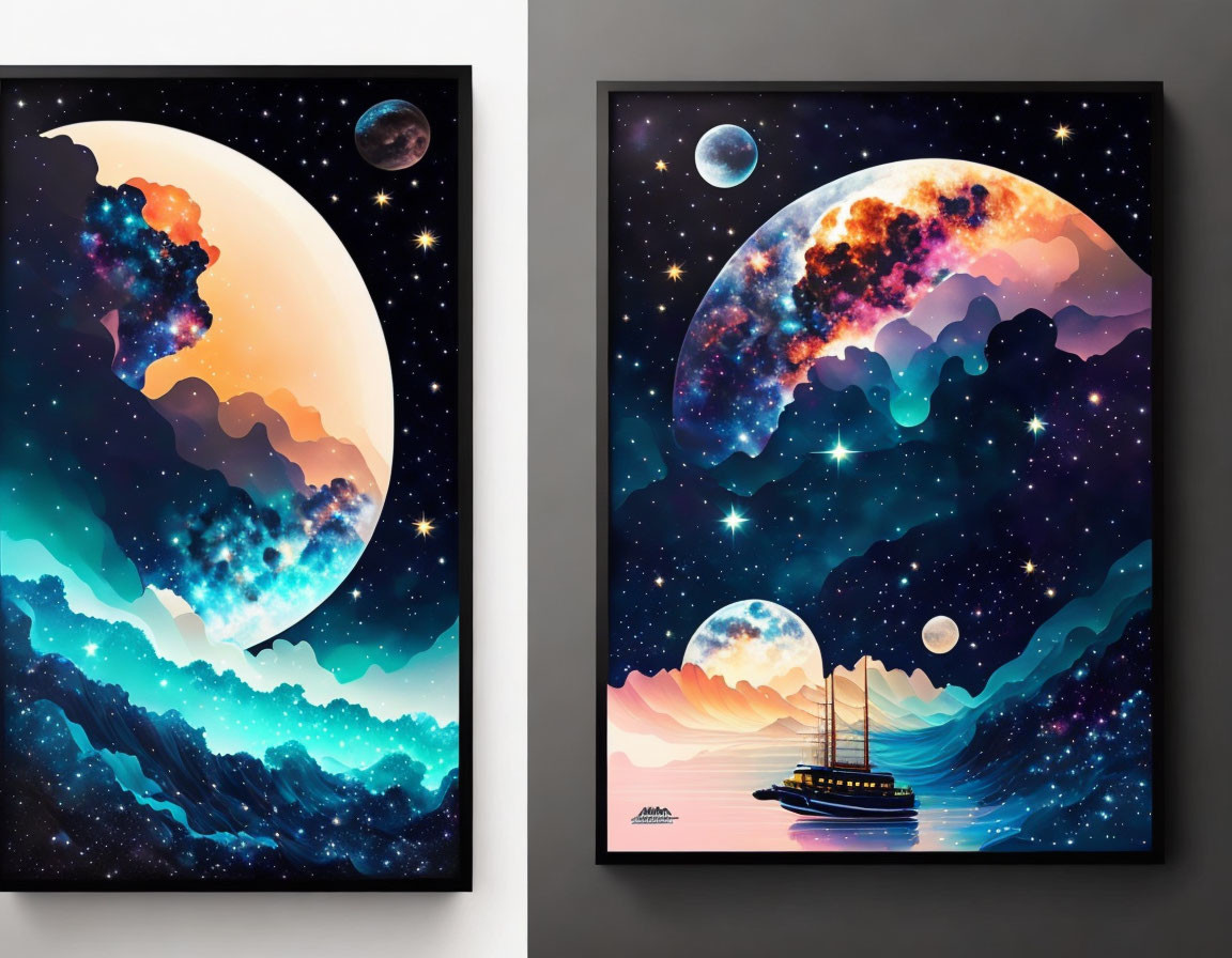 Vibrant space-themed art with moons, stars, nebulae, ocean waves, and sail