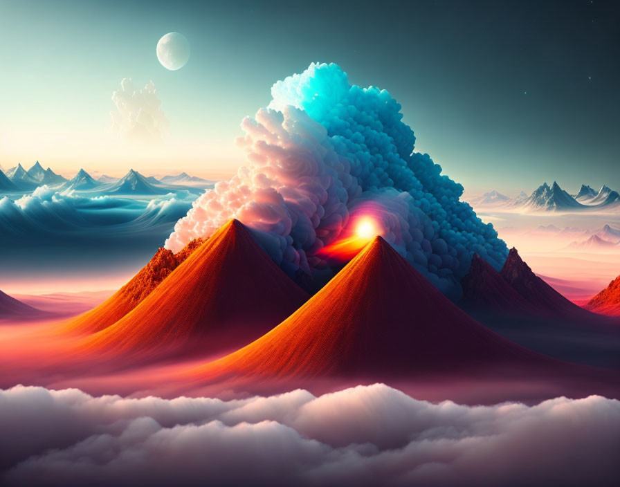 Vibrant volcano in surreal landscape with moon, clouds, and icy peaks