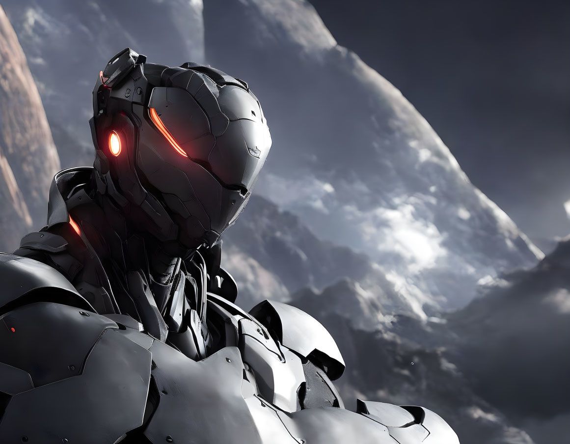 Realistic high-tech armored suit with glowing red eye against dramatic sky and planetary backdrop