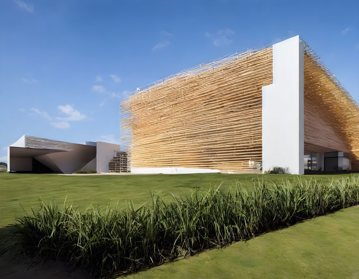 Contemporary building with wooden slat facade and white walls in landscaped setting