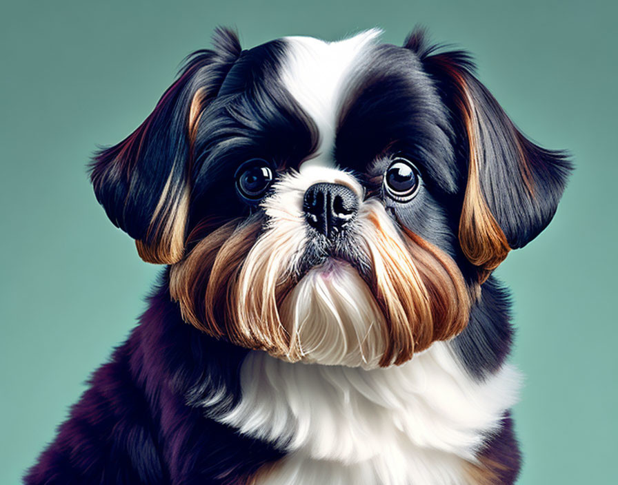 Detailed digital artwork: Shih Tzu dog with expressive eyes, black and white coat, tan fur