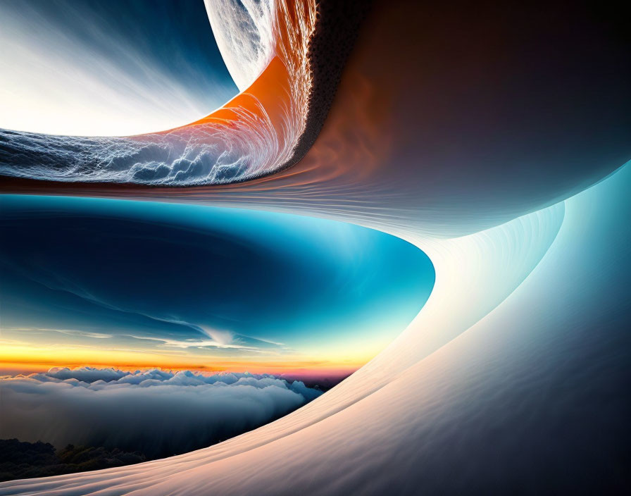 Surreal wave-like formation in orange and blue hues above clouds at dawn or dusk