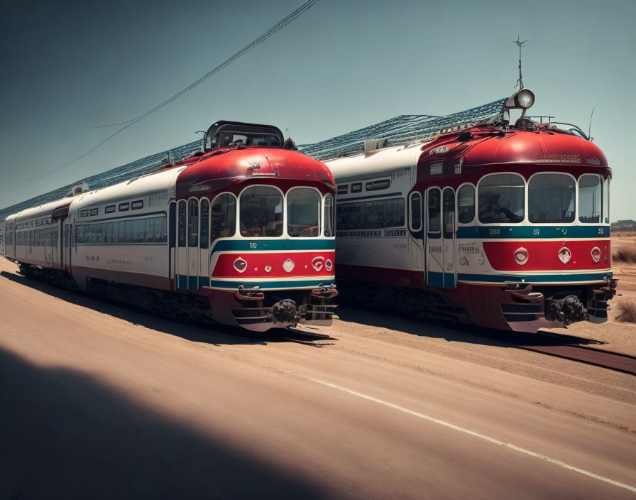 Vintage Red Passenger Trains on Tracks Under Clear Blue Sky