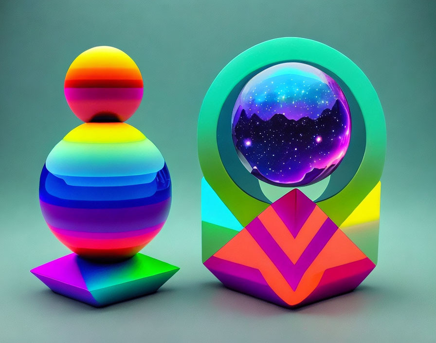 Vibrant 3D Geometric Shapes with Cosmic Sphere on Muted Background