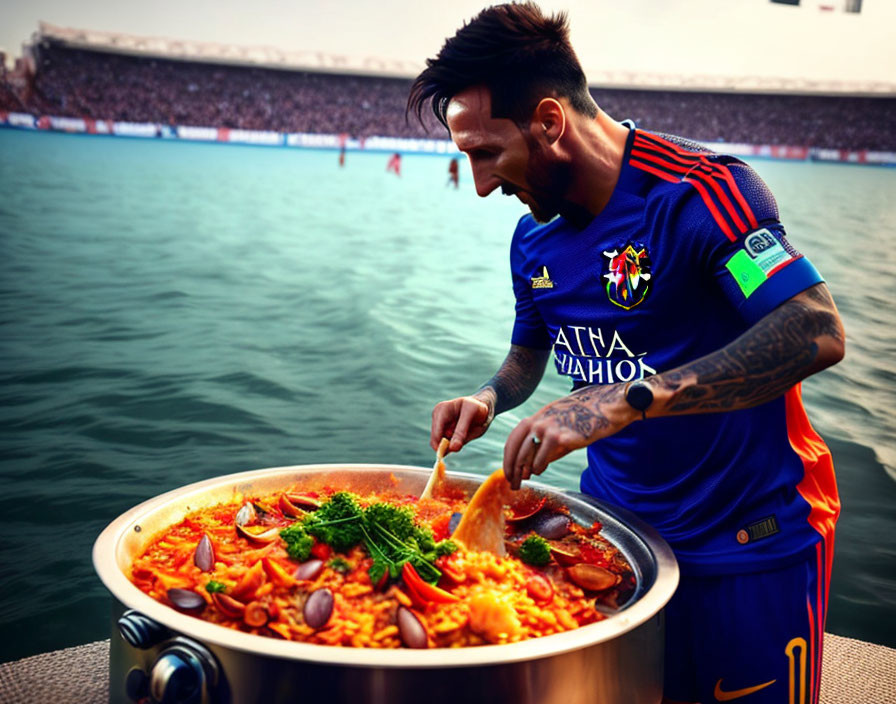 Man with tattoos stirring paella in stadium setting