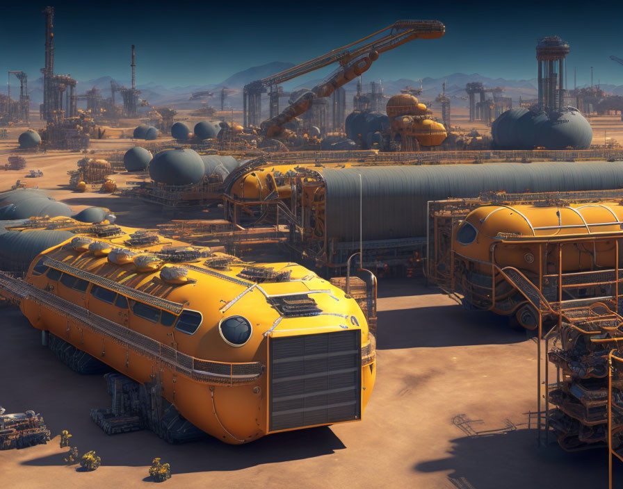 Yellow futuristic train in desert industrial complex with storage tanks and machinery under hazy sky