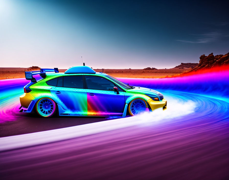 Vibrant neon-lit sports car drifting in desert at dusk
