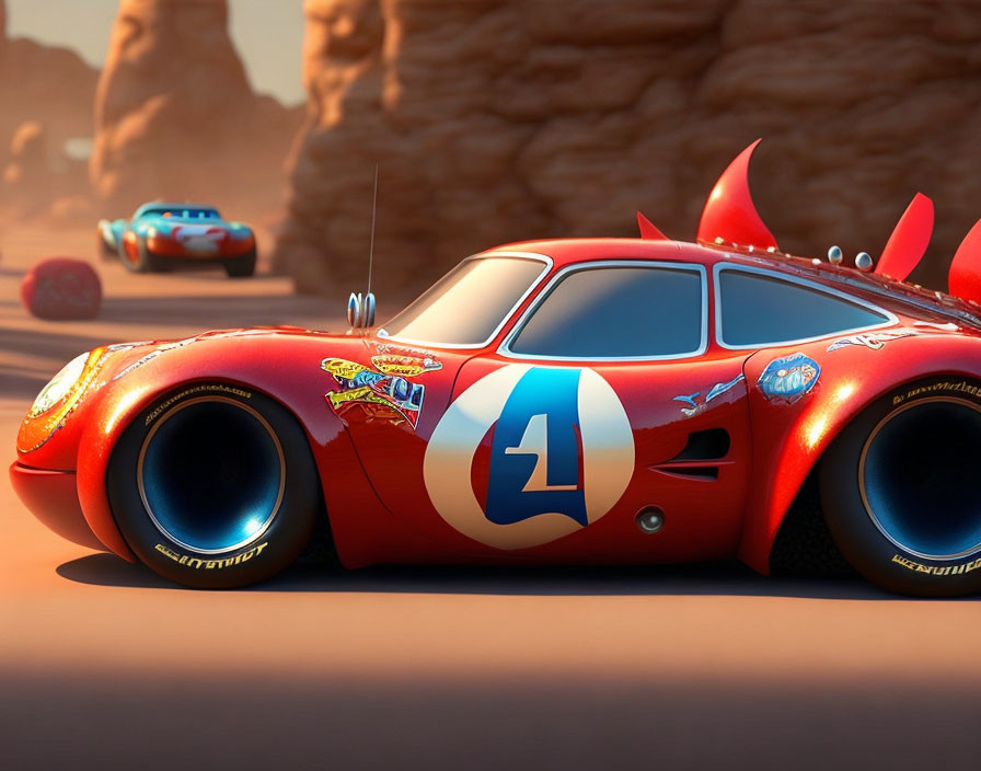 Bright red race car with number 4 and flames on desert track, blue car in background