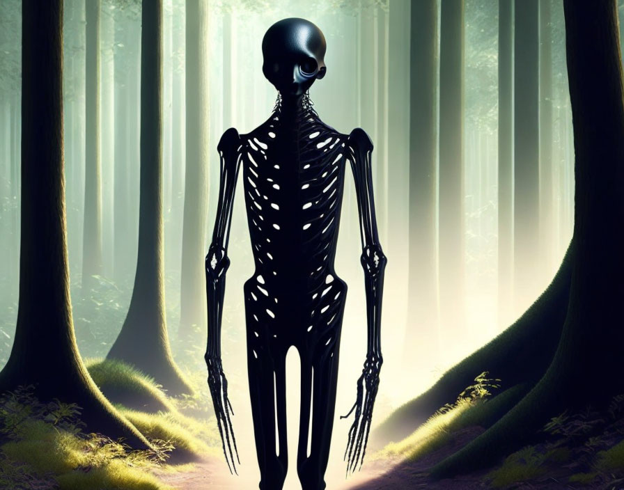 Skeletal humanoid figure in misty forest with light beams