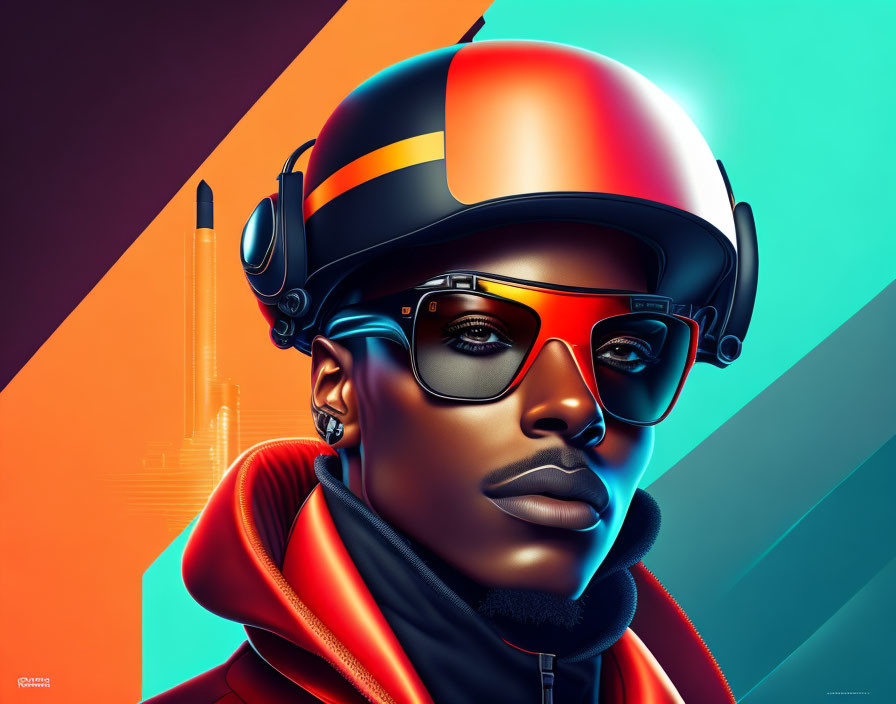 Futuristic digital artwork: person in helmet, headphones, sunglasses, vibrant geometric background