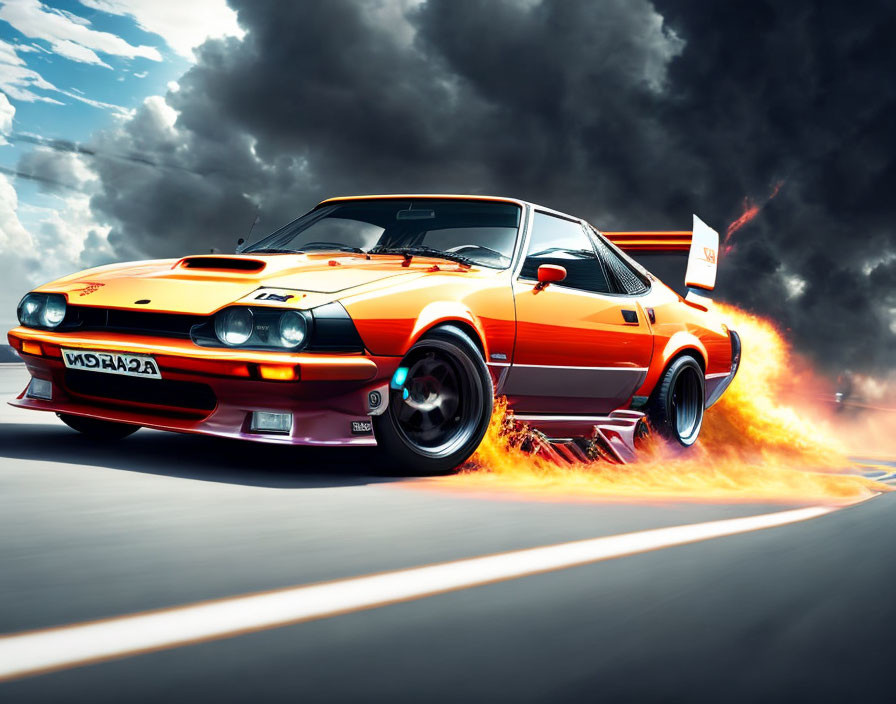 Orange Sports Car with Fiery Afterburner Racing on Asphalt Road and Dramatic Cloudy Sky