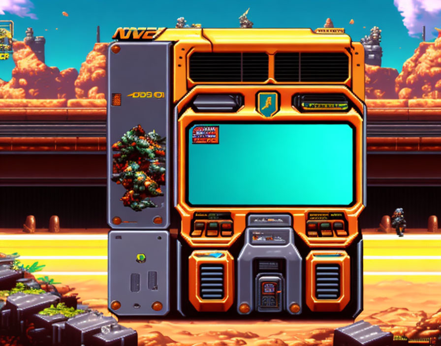 Retro-style orange arcade machine with Christmas tree in futuristic setting