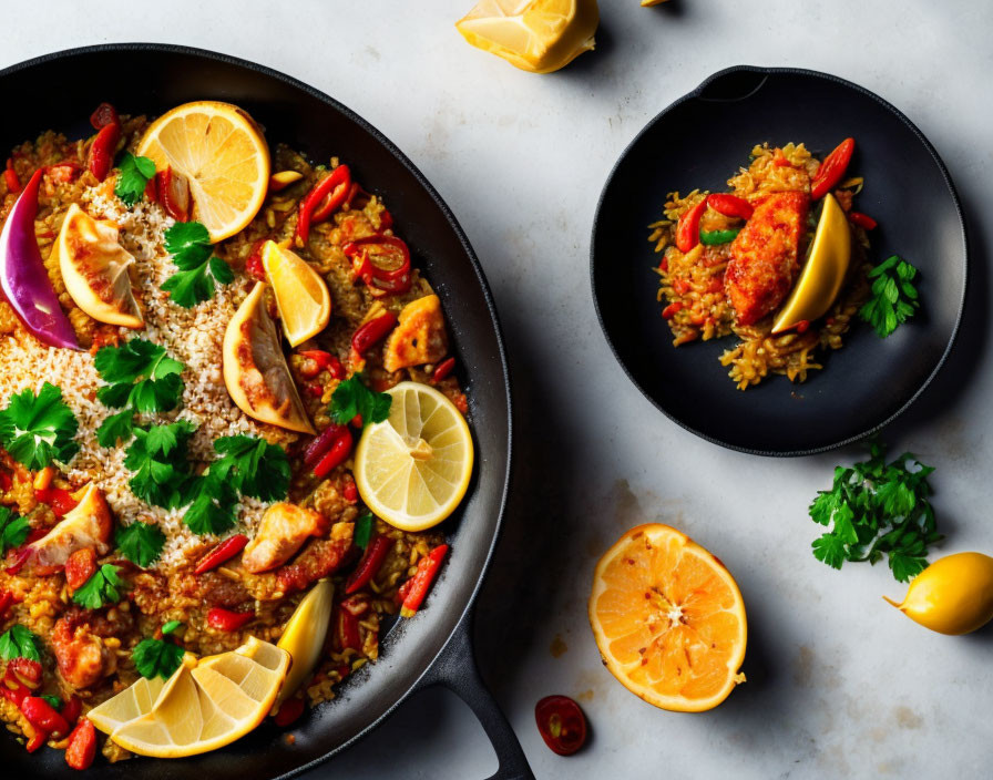 Vibrant paella with rice, lemon, peppers, and parsley on skillet and plate