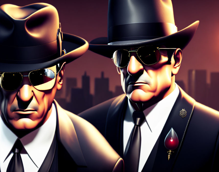 Stylized animated characters: Film noir detectives with fedoras and sunglasses