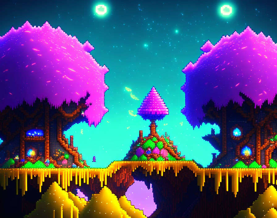 Pixel art scene featuring glowing trees, character on bridge, starry night sky