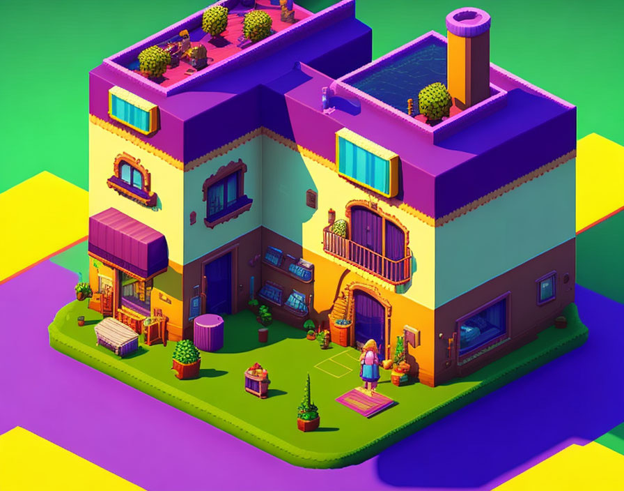 Vibrant isometric illustration of two-story house with rooftop garden and solar panels