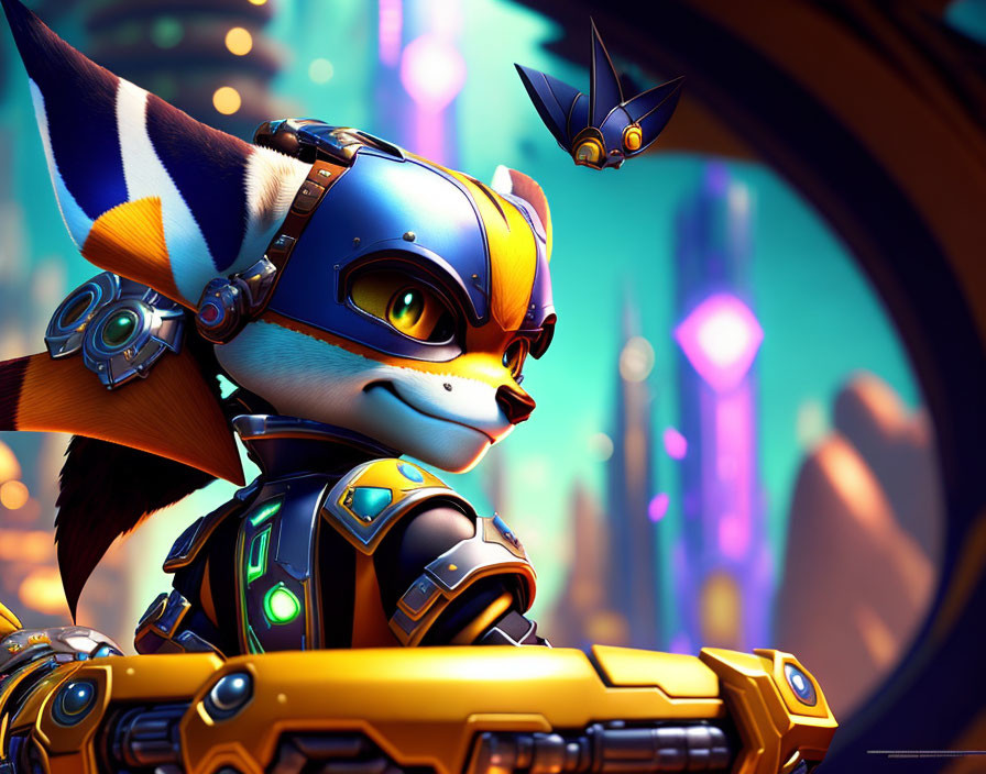 Futuristic 3D animated fox character in armor with cityscape and robot companion